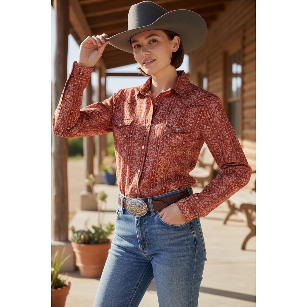Panhandle Rough Stock Womens Rust Paisley Western Snap Shirt Whipstitch Medium
